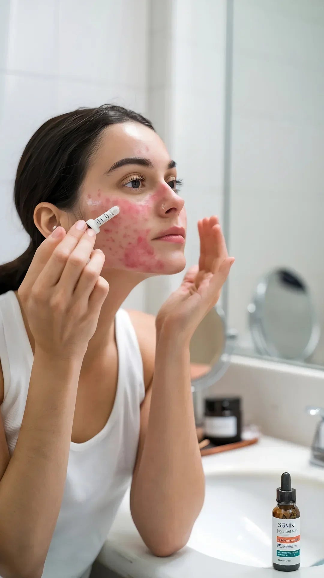 Woman Applying Azelaic Acid Serum to Red, Inflamed Rosacea-Prone Skin on Her Cheek to Reduce Facial Redness and Irritation