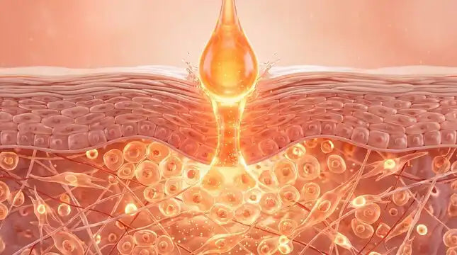 Scientific illustration of the dermis showing collagen fibers, elastin networks and extracellular matrix structure