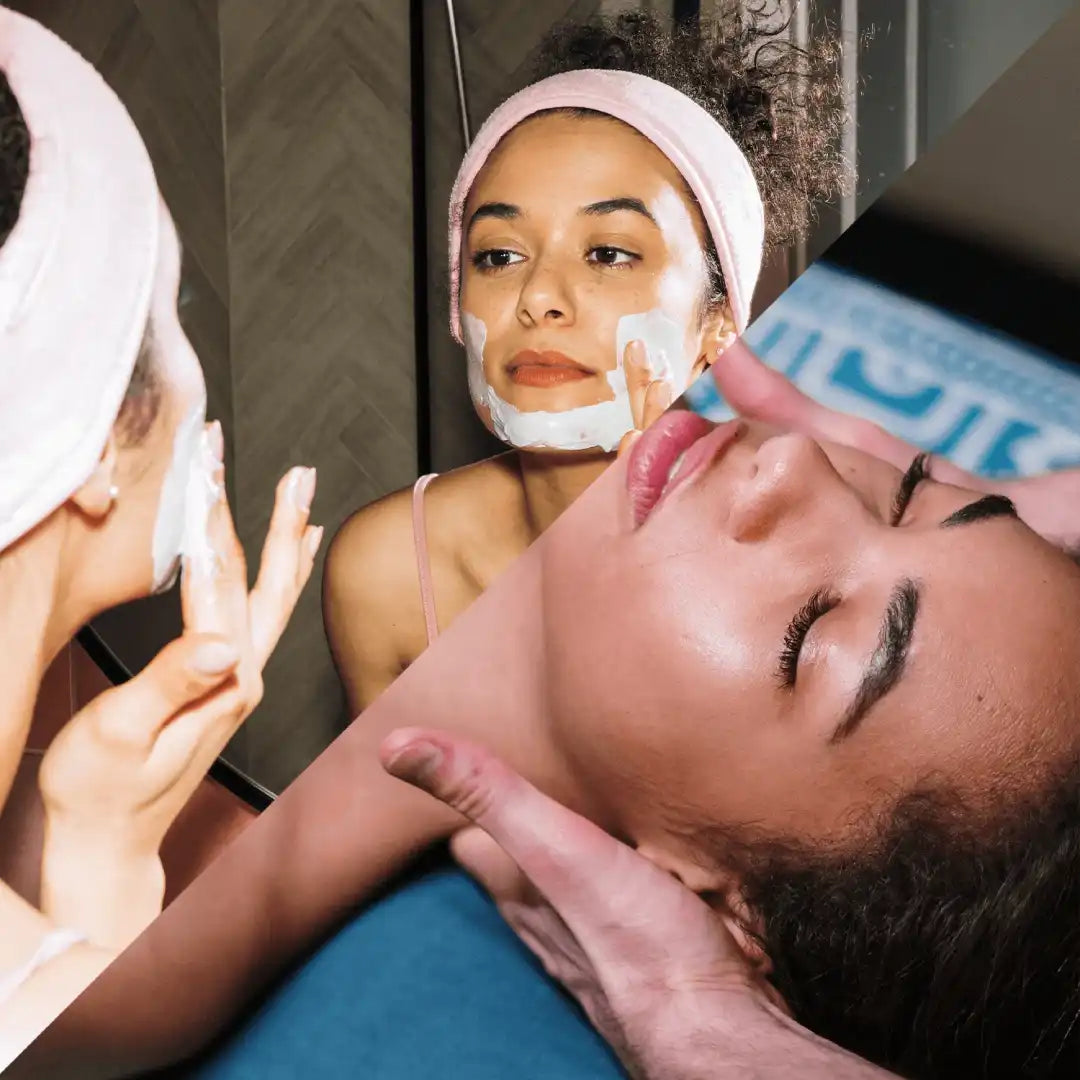 In-clinic treatments vs at-home skincare comparison showing professional skin treatments and daily skincare