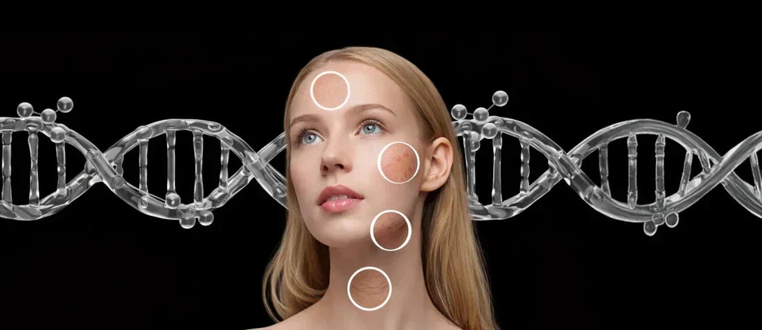 Skin genetics influencing acne, pigmentation, collagen production and skin aging