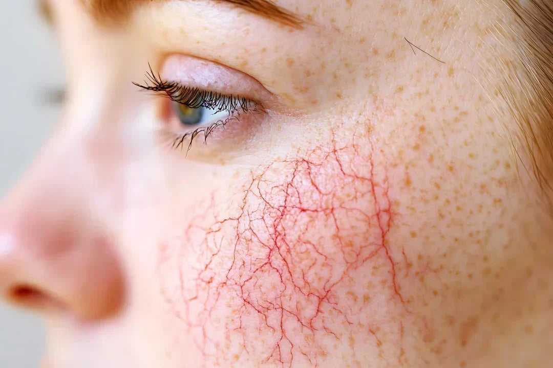   • "Close-up of cheek skin showing fine red visible capillaries in natural daylight"