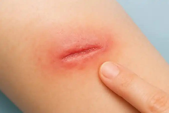 Scientific illustration of skin response to controlled stimulation showing inflammatory signaling, immune cells and tissue repair